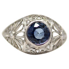 Antique Edwardian Belle Epoque Sapphire & Diamond Filigree Ring in Platinum