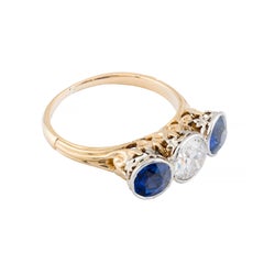 Edwardian Bezel Set European Cut Diamond & Sapphire Three Stone Engagement Ring