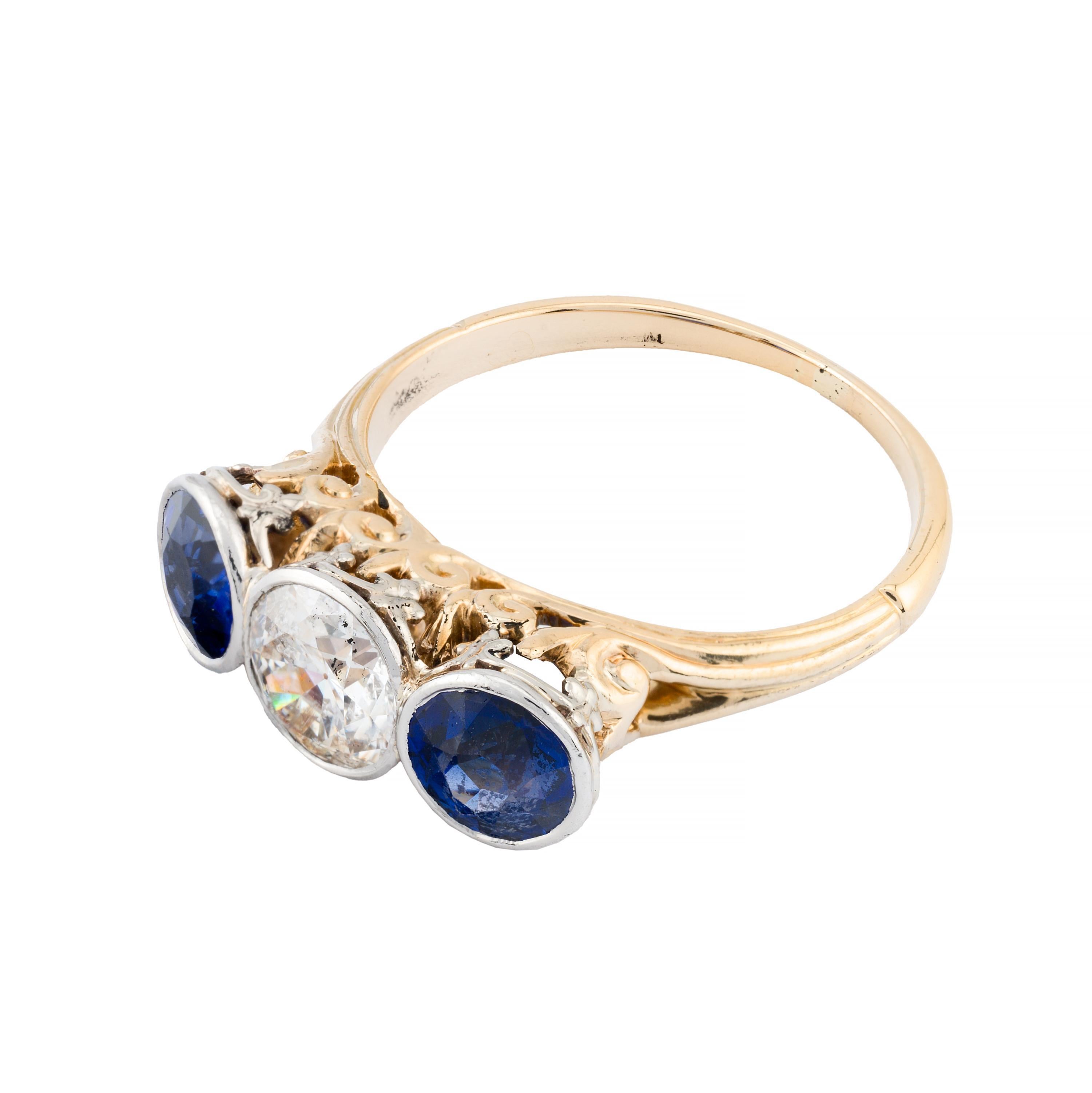 Old European Cut Edwardian Bezel Set European Cut Diamond & Sapphire Three Stone Engagement Ring For Sale