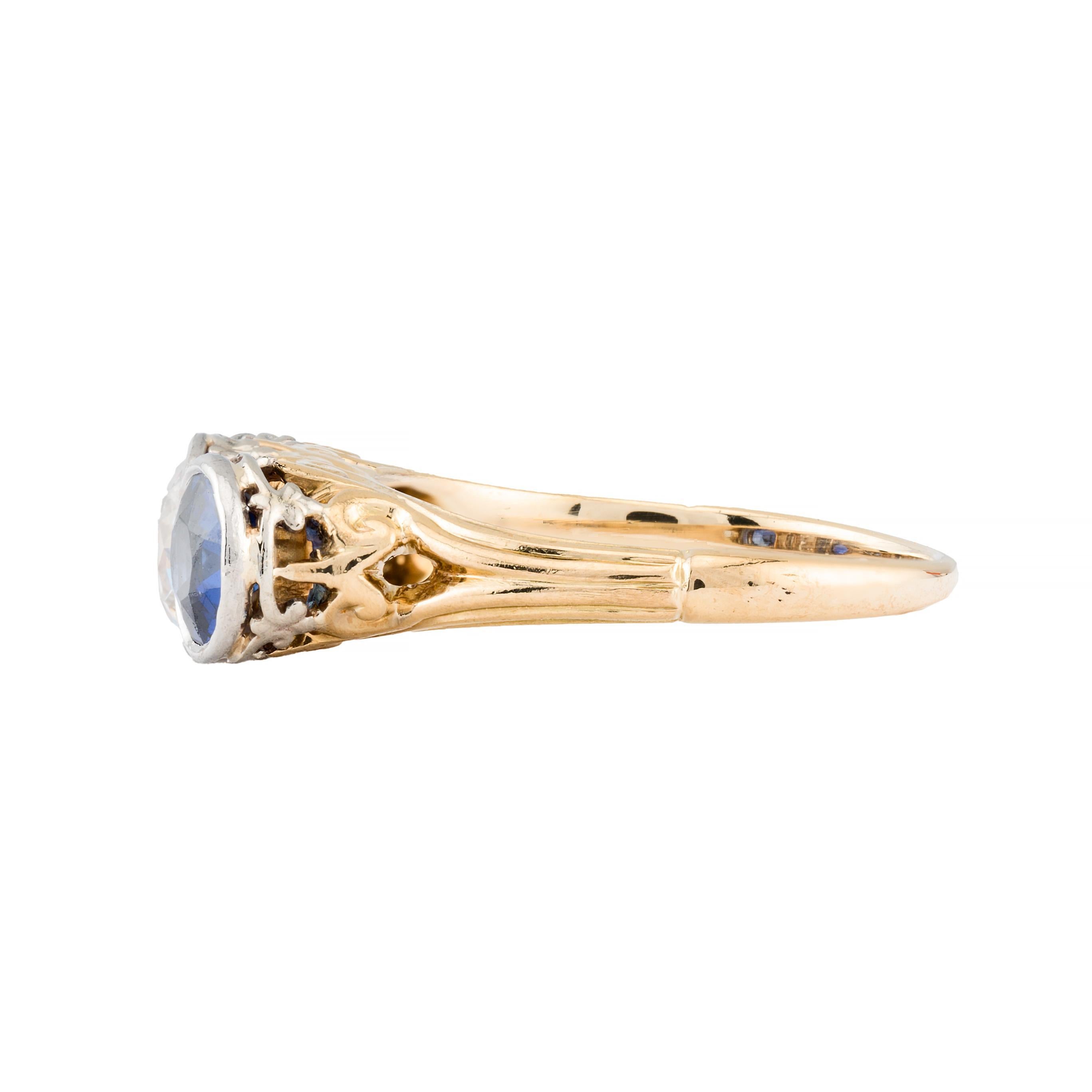 Edwardian Bezel Set European Cut Diamond & Sapphire Three Stone Engagement Ring In Excellent Condition For Sale In Boston, MA