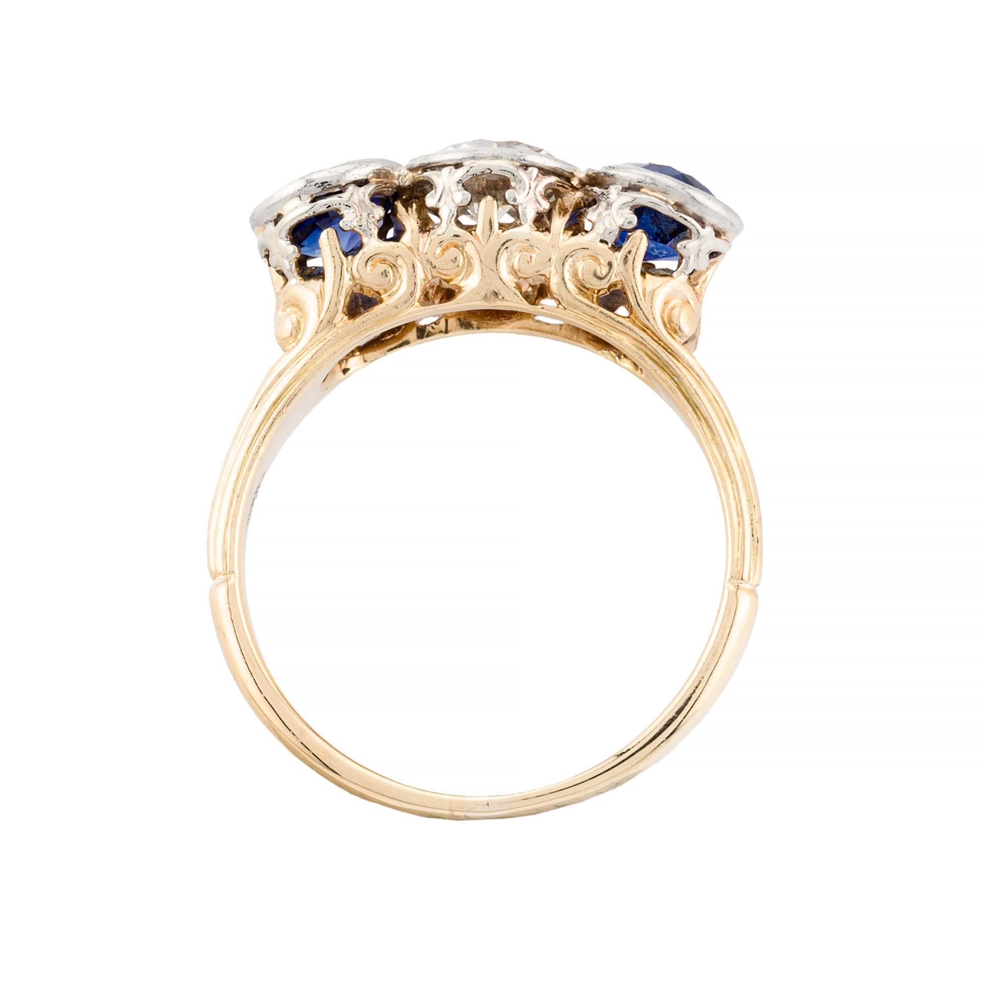 Women's Edwardian Bezel Set European Cut Diamond & Sapphire Three Stone Engagement Ring For Sale