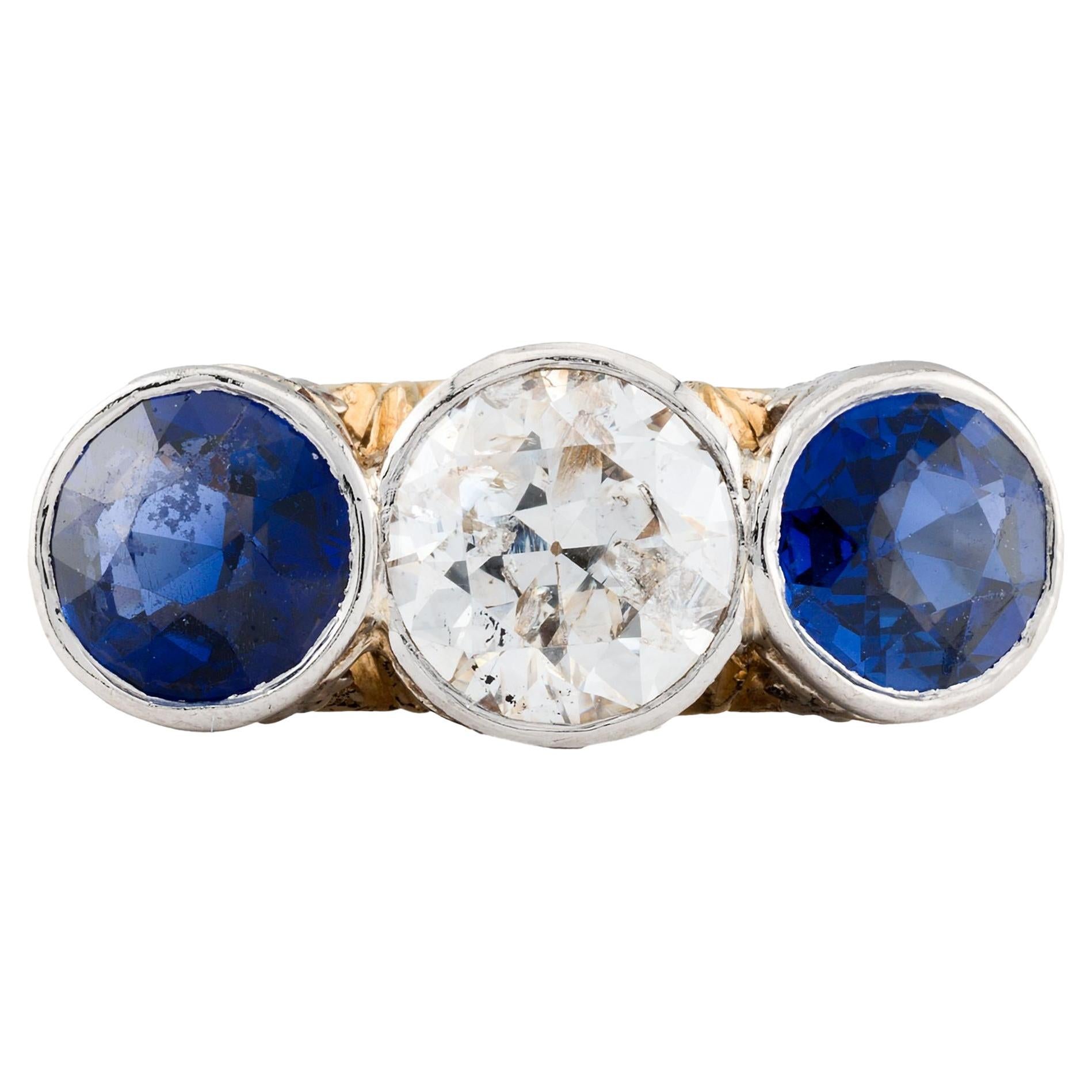 Edwardian Bezel Set European Cut Diamond & Sapphire Three Stone Engagement Ring