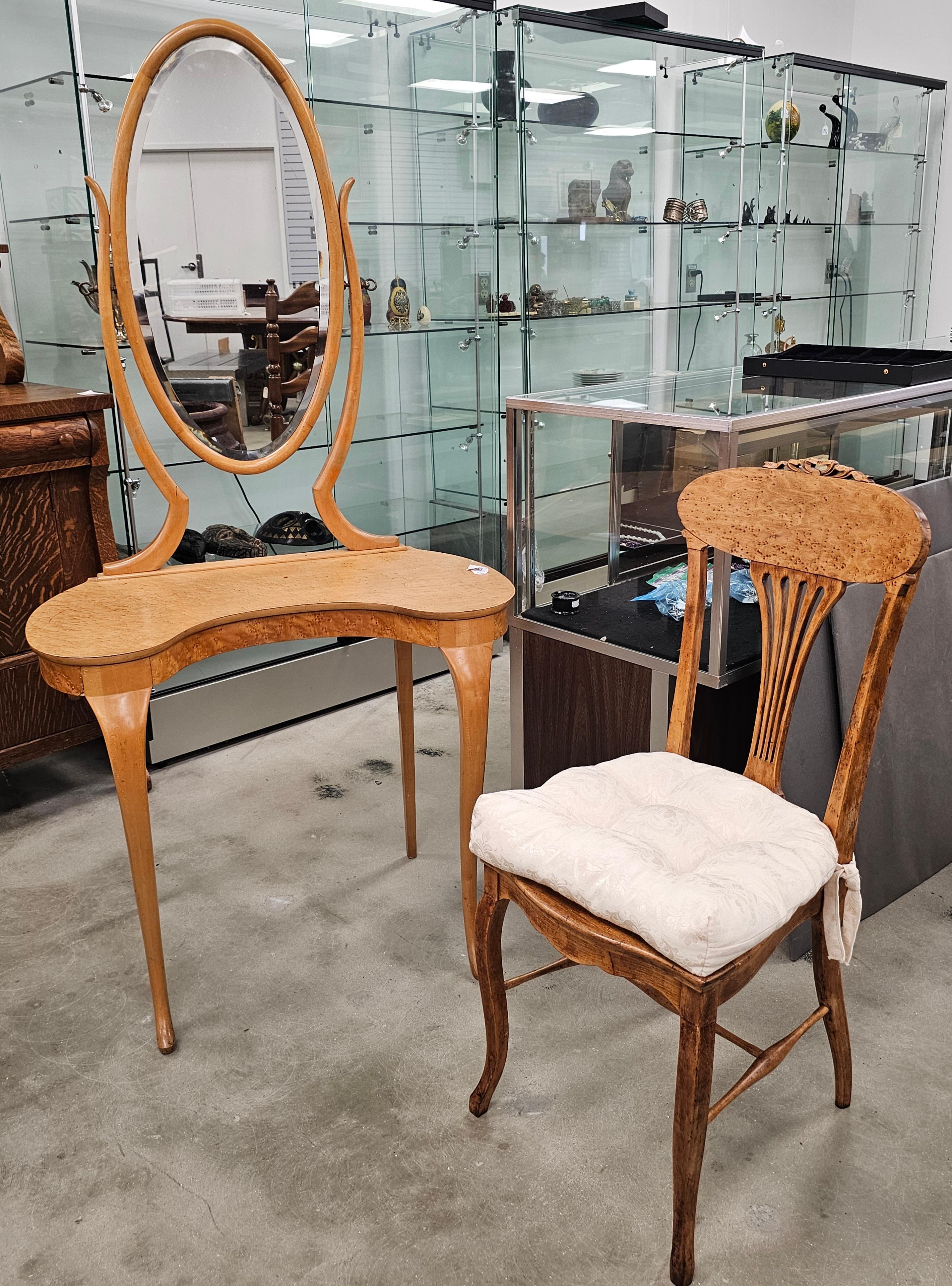 Edwardian Birdseye Maple Vanity with Mirror and a matching Side Chair
 Measures 31.5