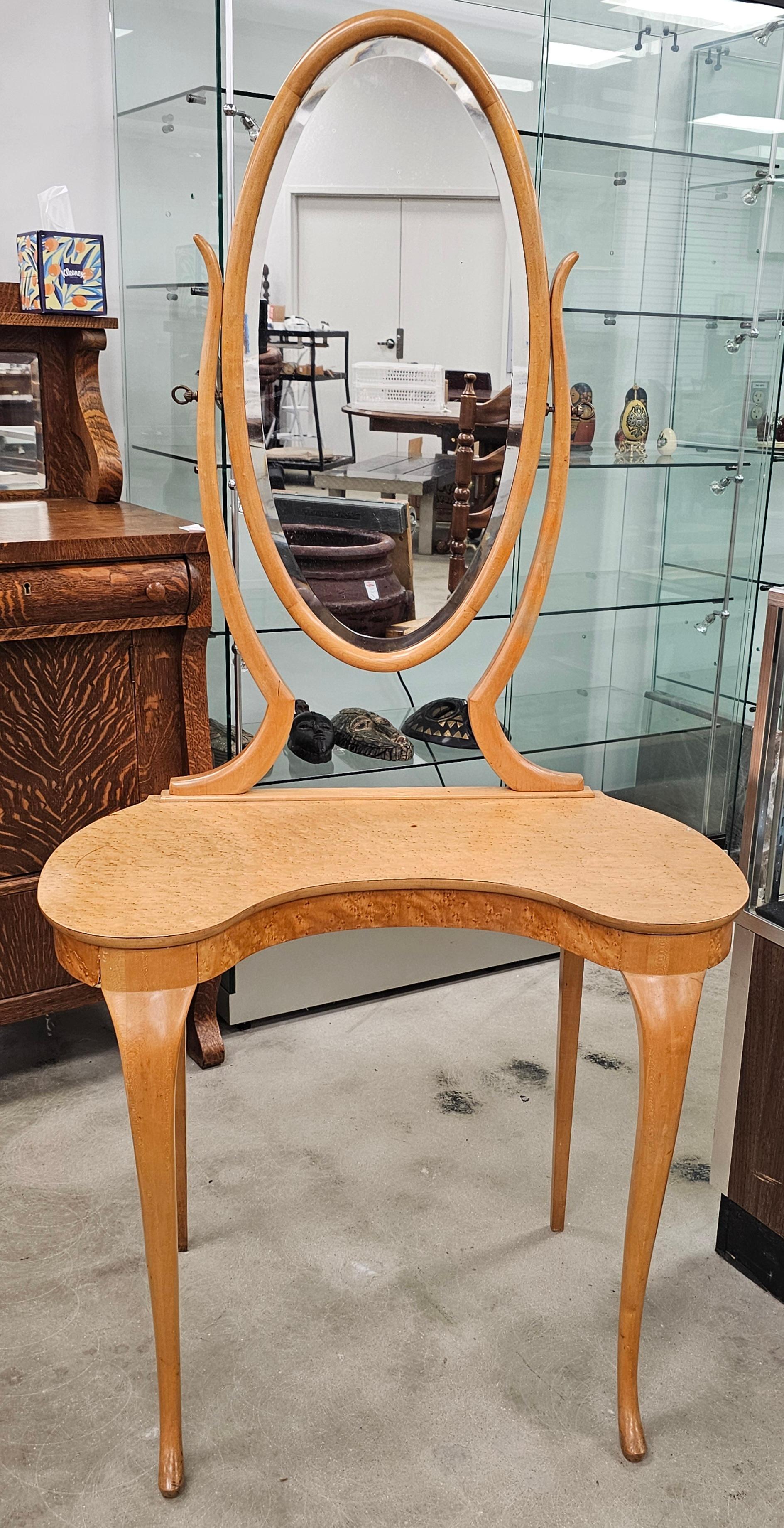 American Edwardian Birdseye Maple Mirrored Vanity with Side Chair For Sale