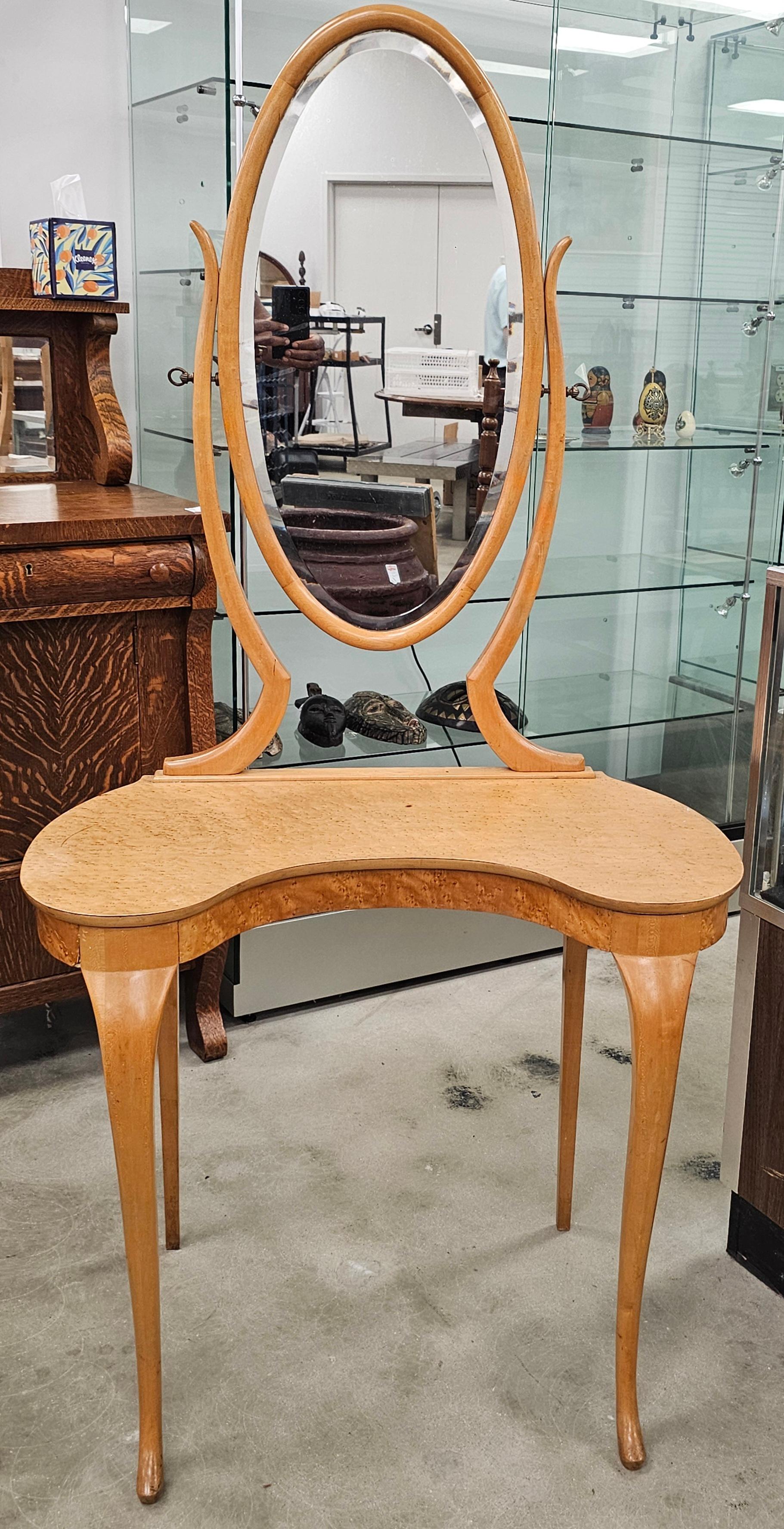 Stained Edwardian Birdseye Maple Mirrored Vanity with Side Chair For Sale