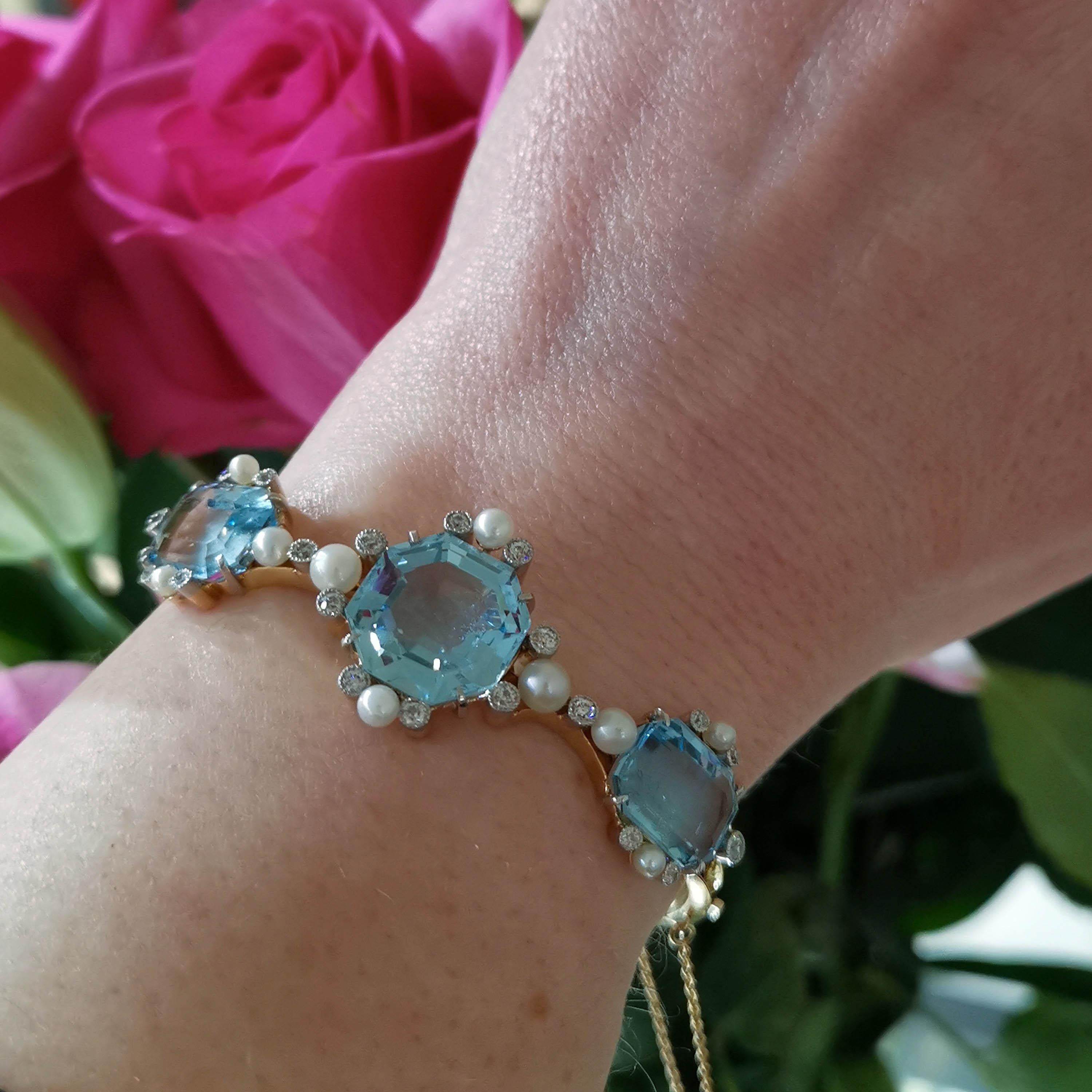 Édouardien Bracelet édouardien en aigue-marine, perles, diamants et or de Birks of Canada, vers 1905 en vente