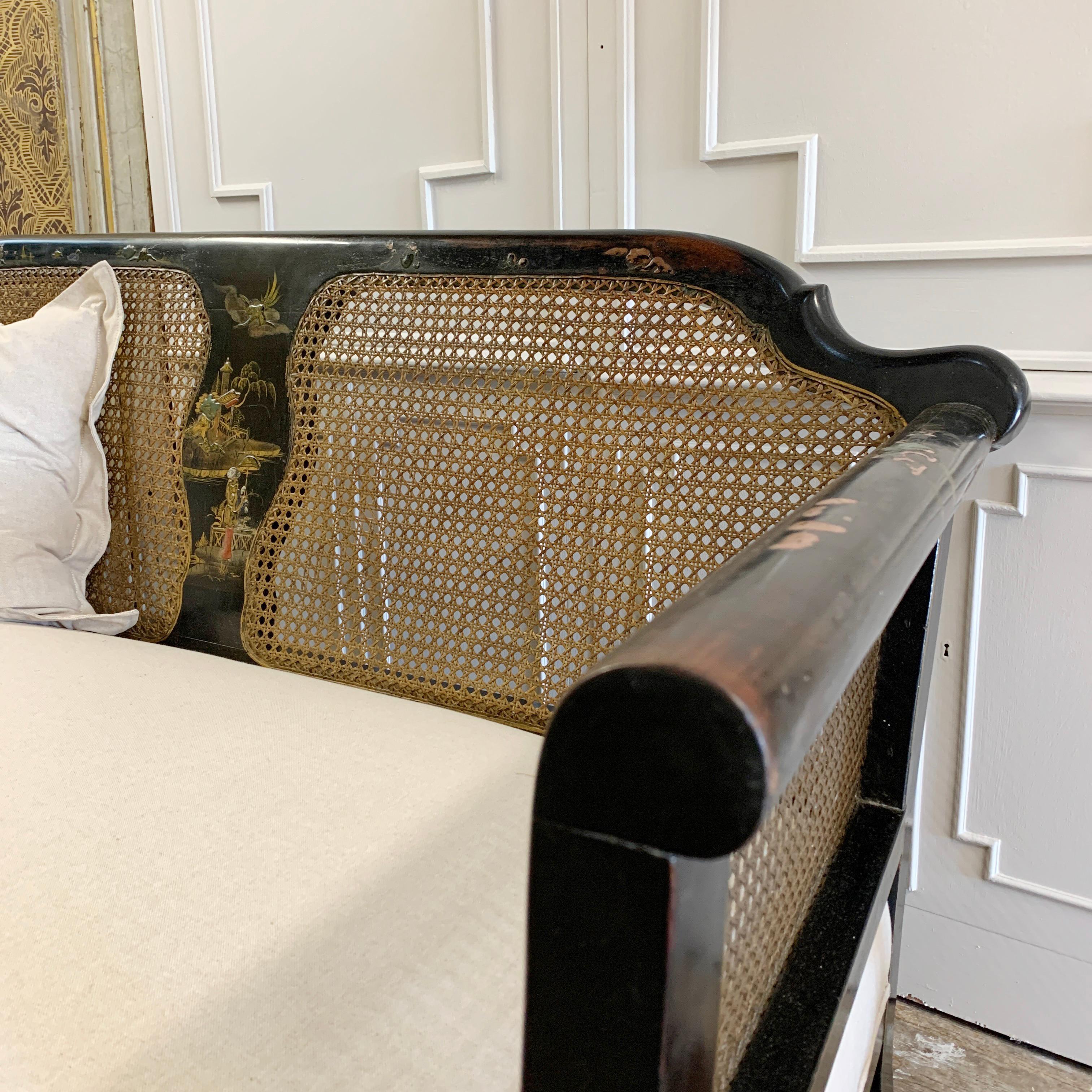 Edwardian Black Chinoiserie Bergère Cane Settee For Sale 5