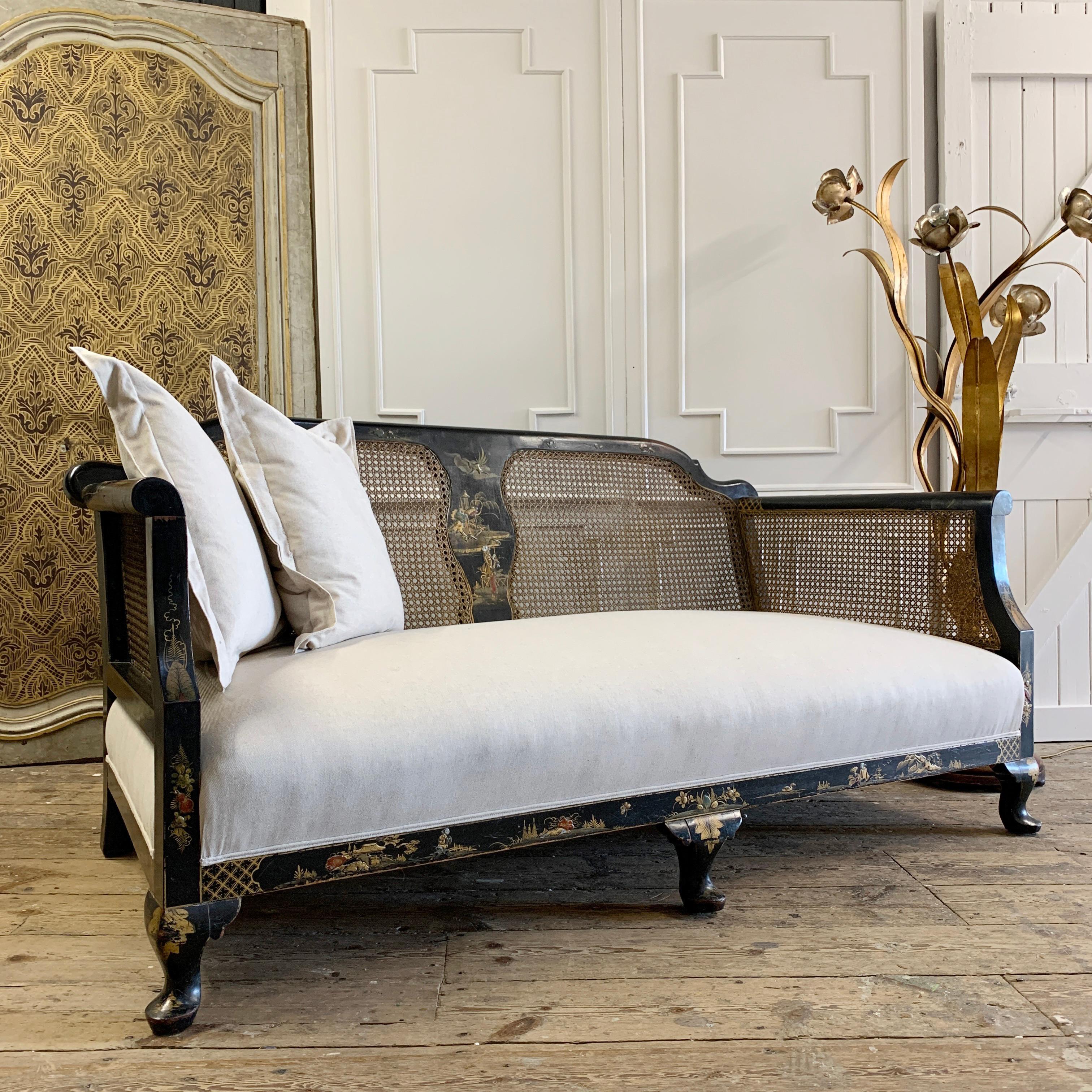 Edwardian Black Chinoiserie Bergère Cane Settee For Sale 6