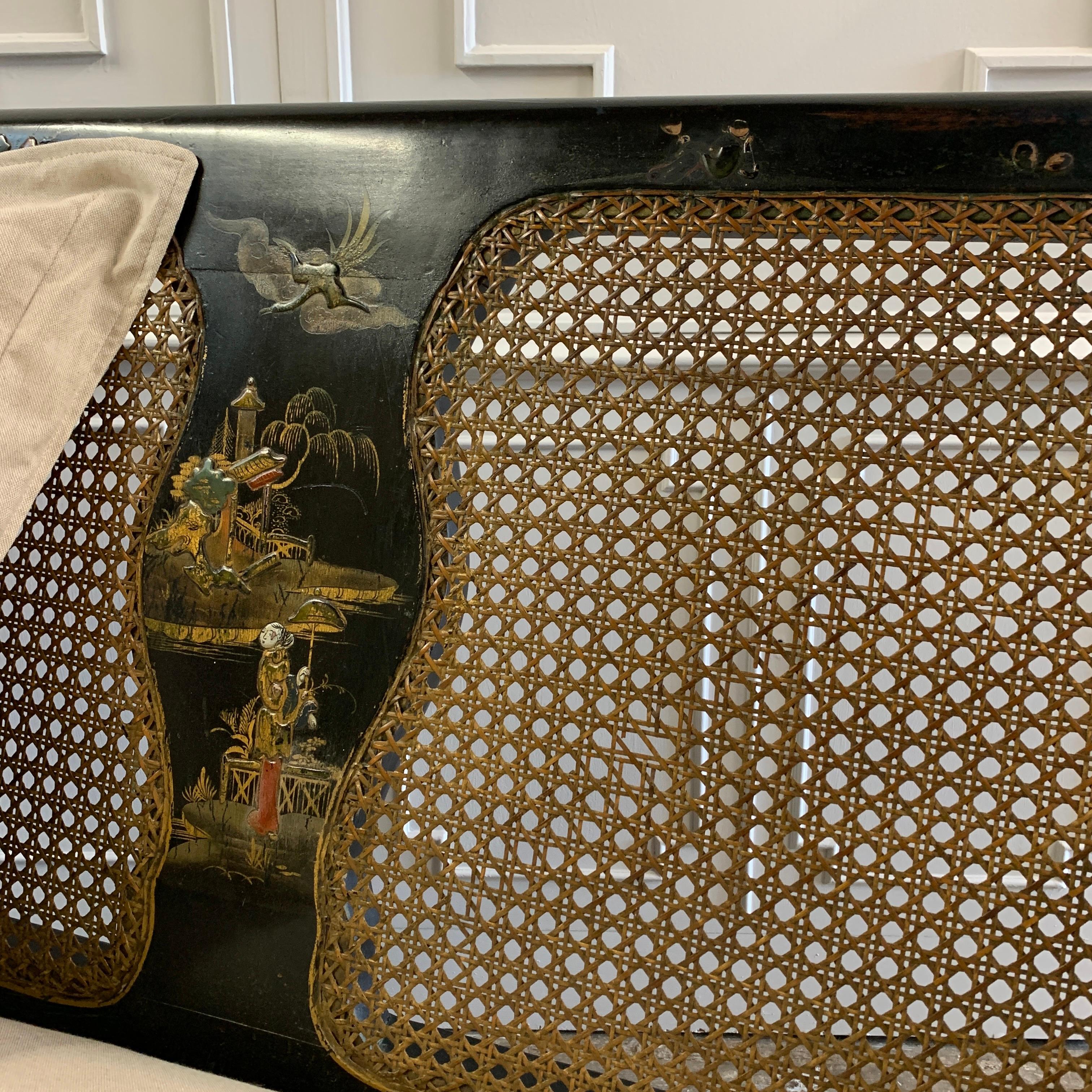 Edwardian Black Chinoiserie Bergère Cane Settee For Sale 10