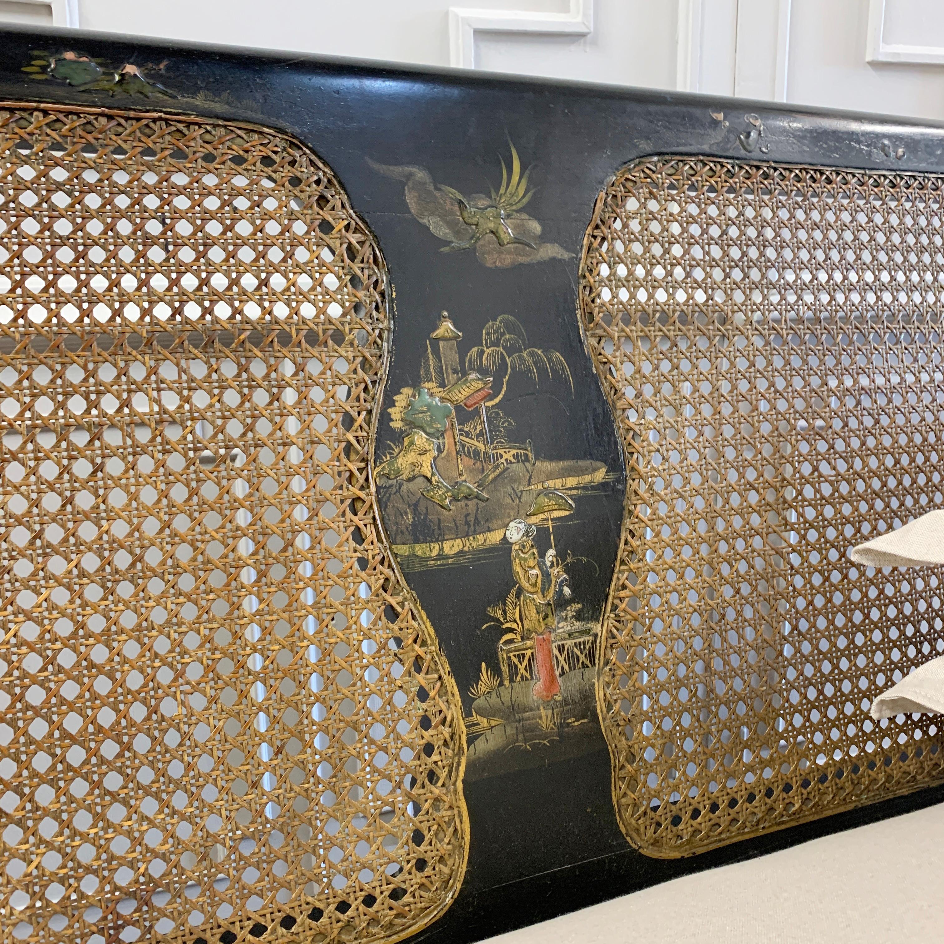 British Edwardian Black Chinoiserie Bergère Cane Settee For Sale