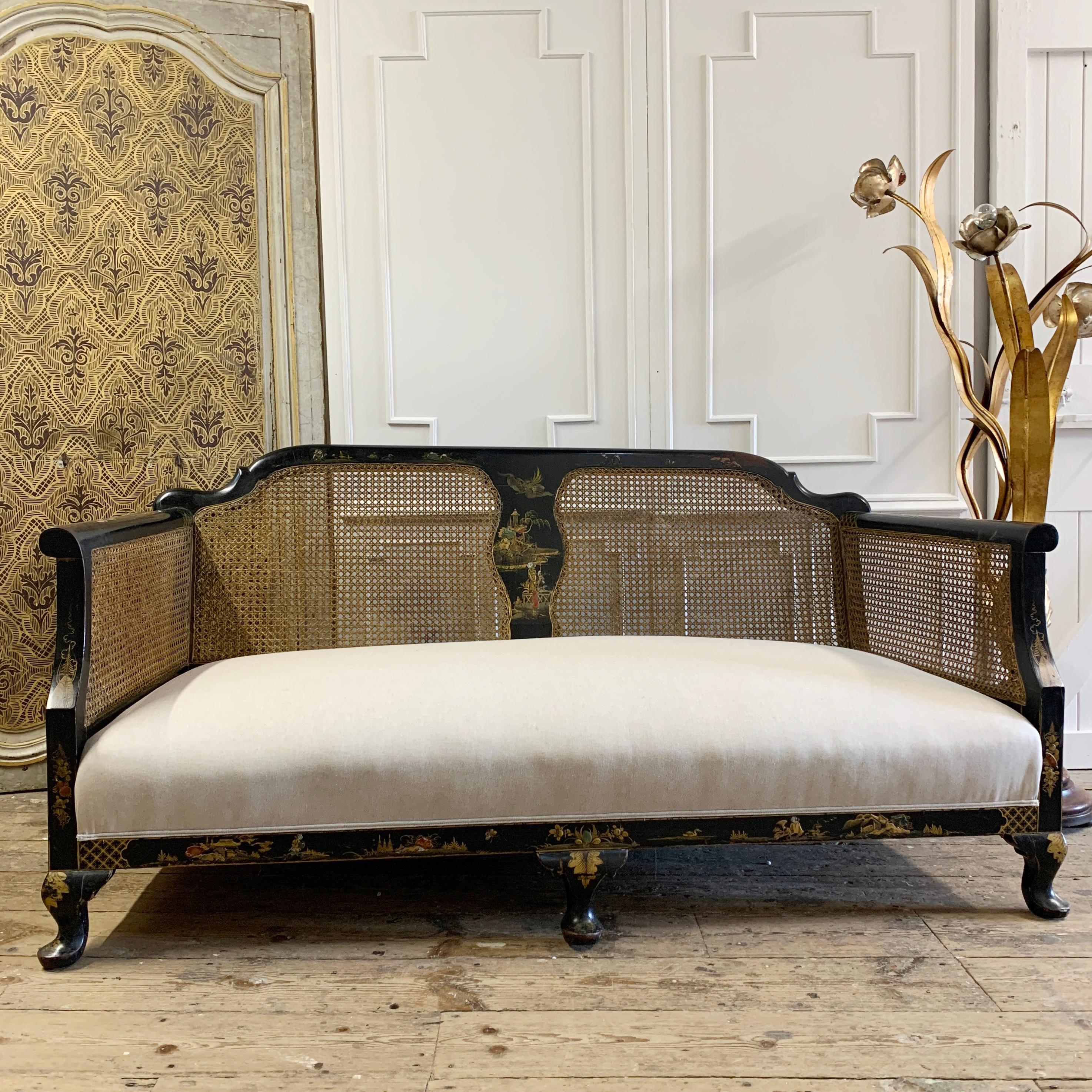 18th Century and Earlier Edwardian Black Chinoiserie Bergère Cane Settee For Sale