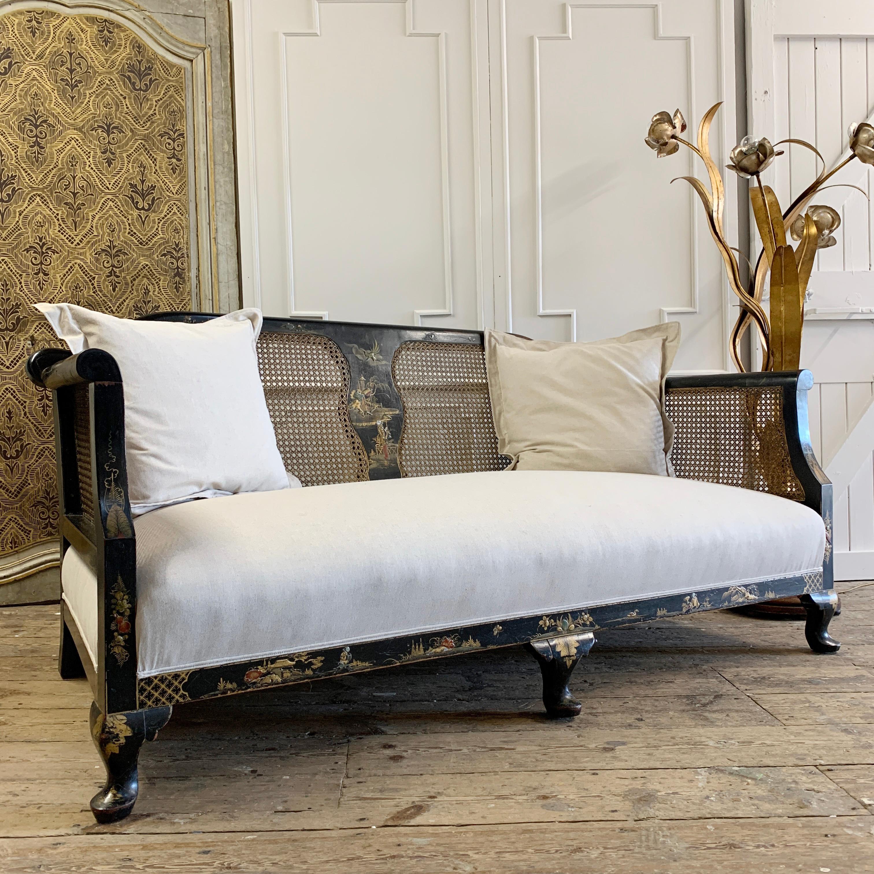 Edwardian Black Chinoiserie Bergère Cane Settee For Sale 2