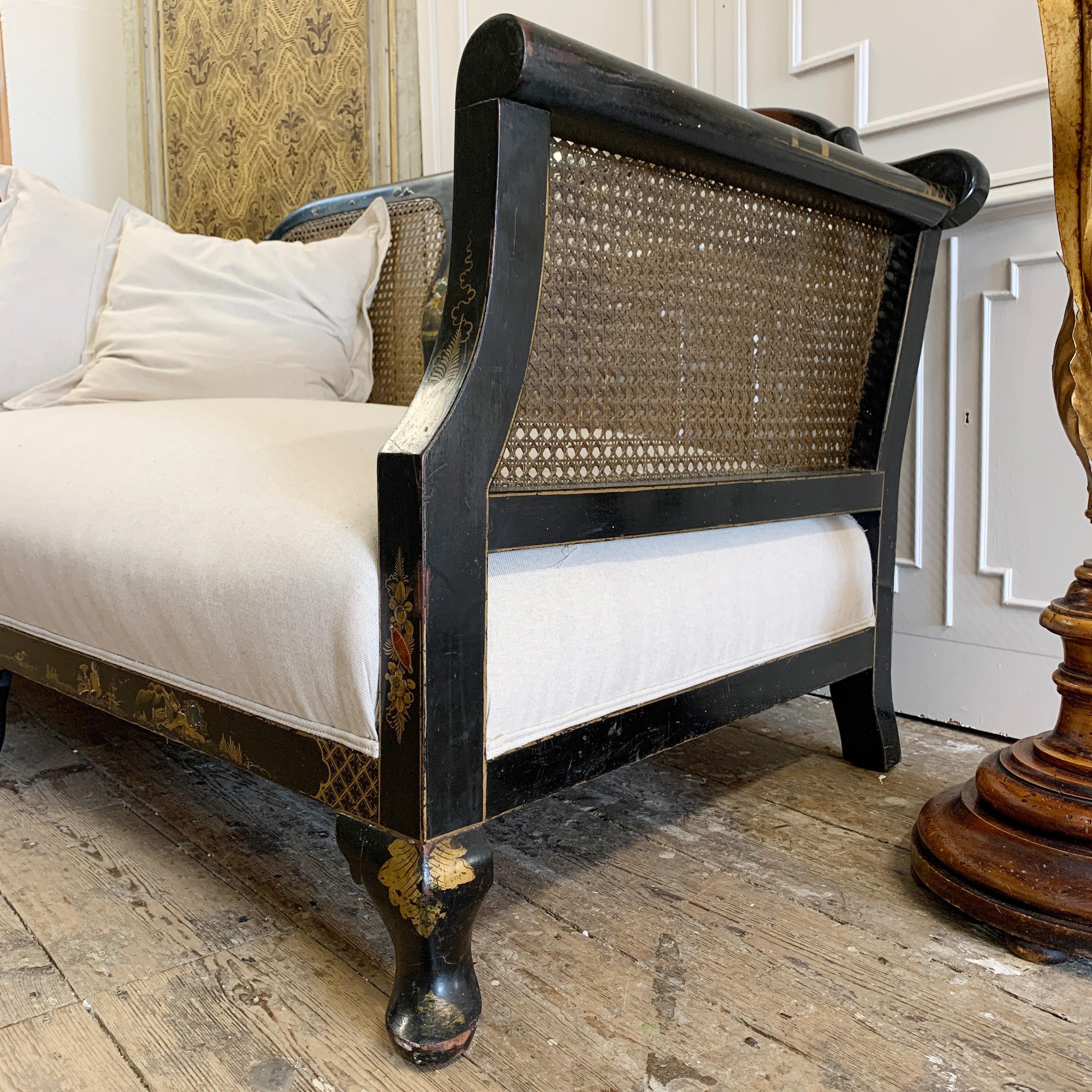 Edwardian Black Chinoiserie Bergère Cane Settee For Sale 4