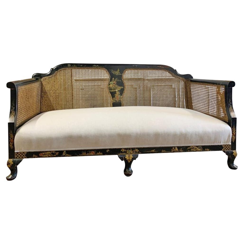 Edwardian Black Chinoiserie Bergère Cane Settee For Sale