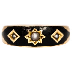 Edwardian Black Enamel and Pearl 9 Carat Gold Mourning Ring
