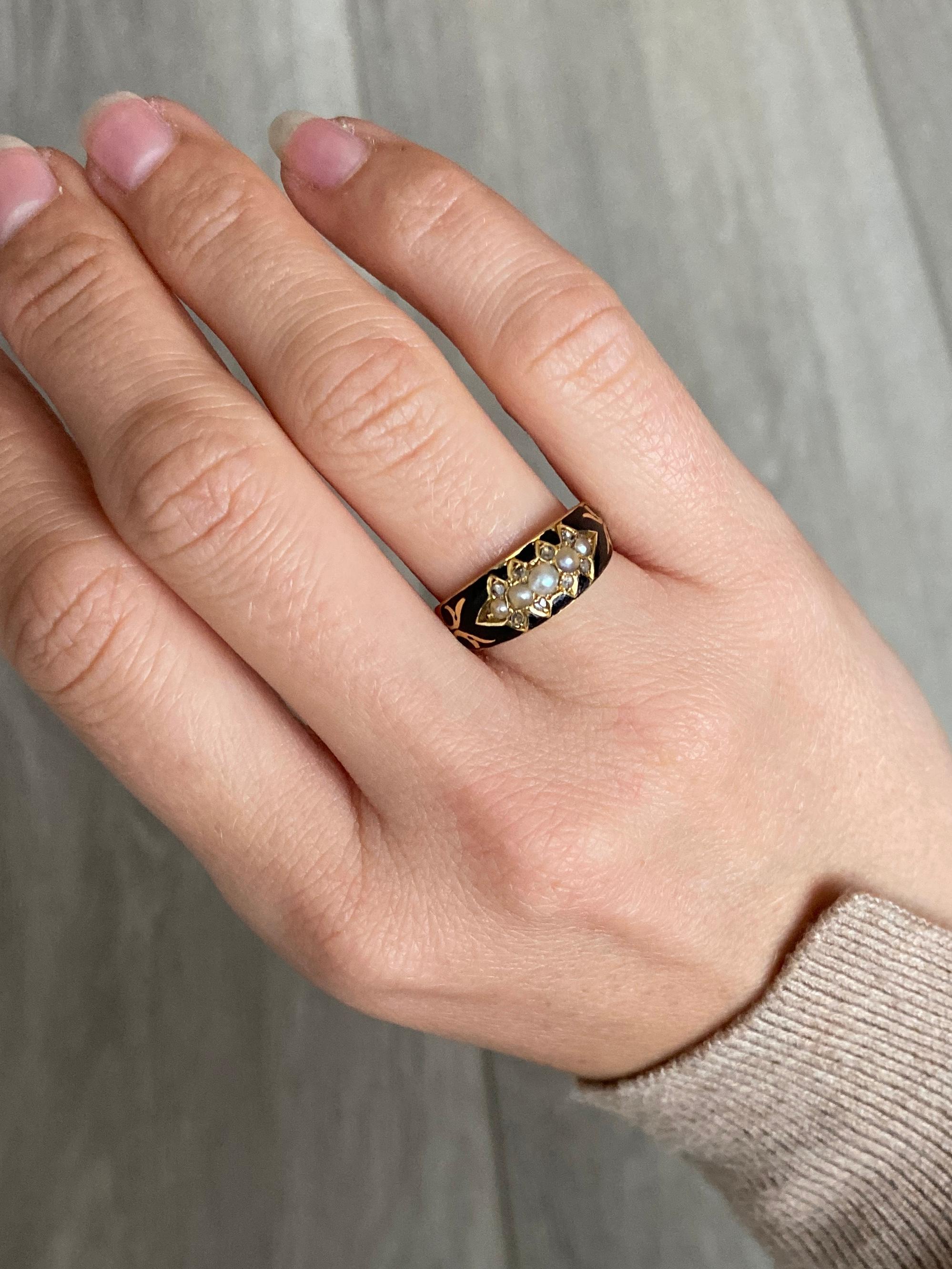 Uncut Edwardian Black Enamel, Diamond and Pearl 9 Carat Gold Mourning Ring