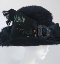 Edwardian Black Fur Felt Picture Hat w/ Painted Ribbon, 1910s
