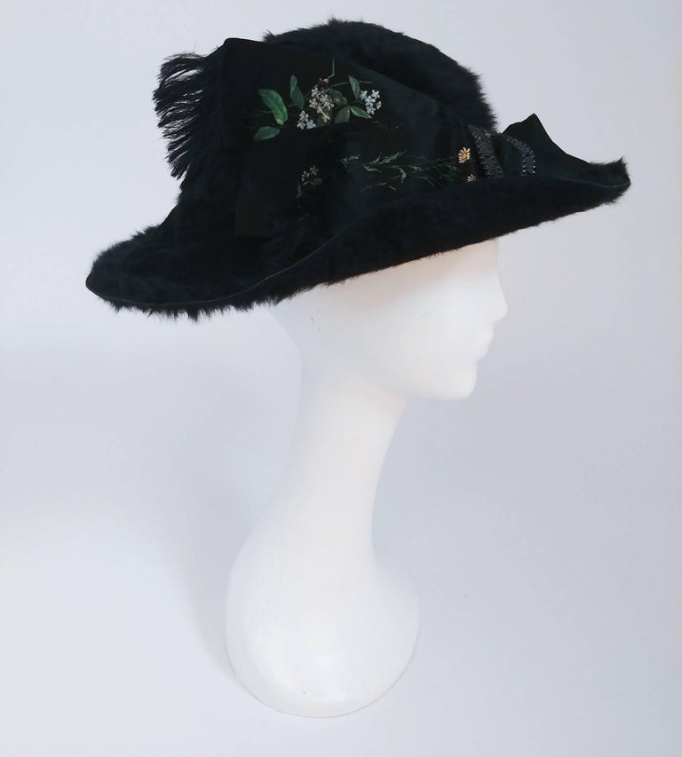 Edwardian Black Fur Felt Picture Hat w/ Painted Ribbon, 1910s In Good Condition For Sale In San Francisco, CA