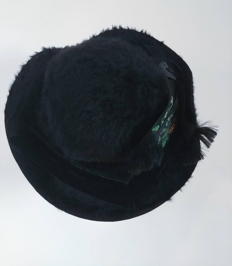 Edwardian Black Fur Felt Picture Hat w/ Painted Ribbon, 1910s For Sale 1