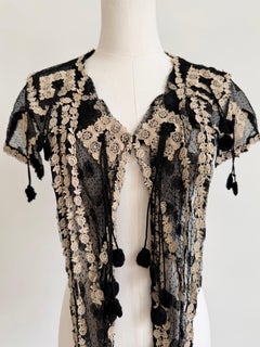 Edwardian Black Lace Stole with Beige Appliqué & Tassel Trim