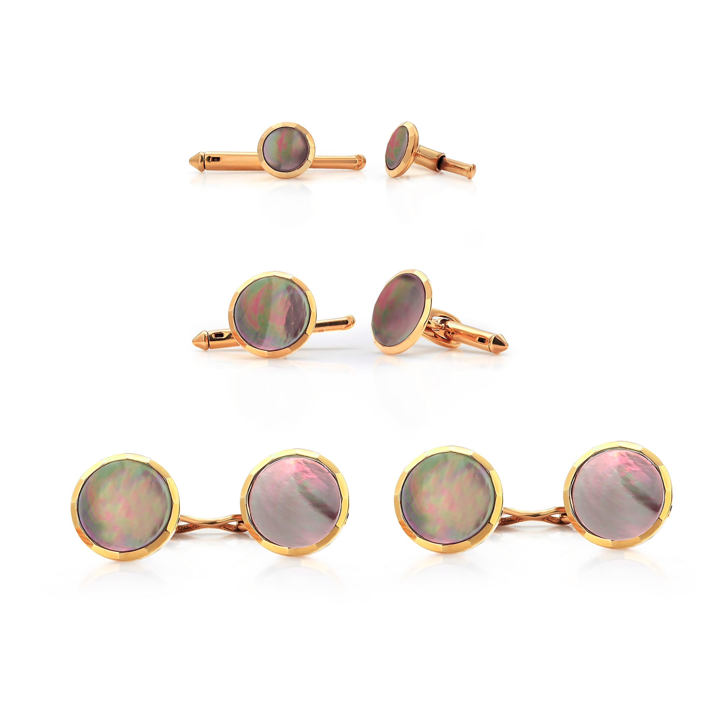 Edwardian Black Mother of Pearl Nine Piece Rose Gold Cufflink Set In Good Condition In New York, NY