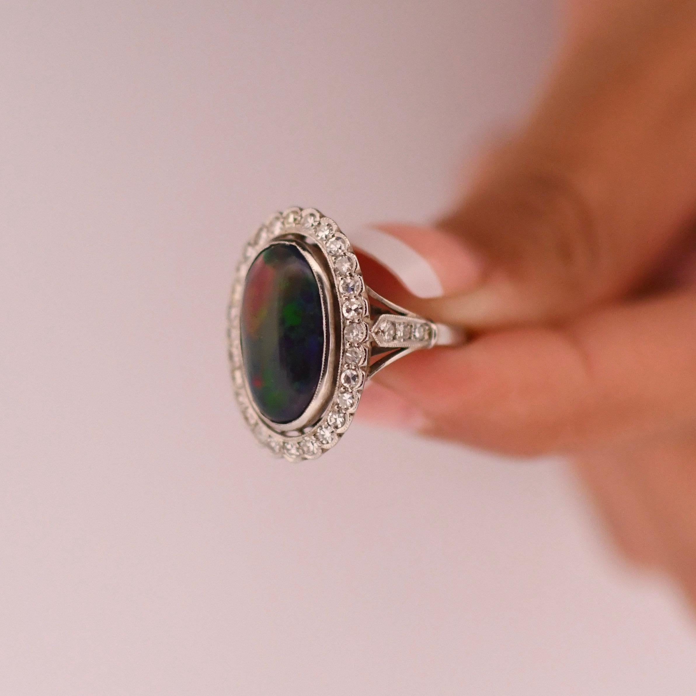 Edwardian Black Opal Cabochon and Diamond Halo Vintage Platinum Ring For Sale 3