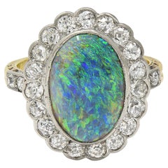 Edwardian Black Opal Diamond Platinum 18 Karat Yellow Gold Antique Halo Ring