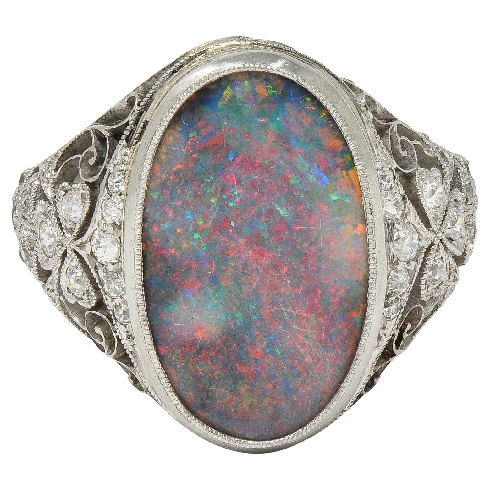 Edwardian Black Opal Diamond Platinum Antique Clover Dinner Ring