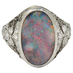 Edwardian Black Opal Diamond Platinum Antique Clover Dinner Ring