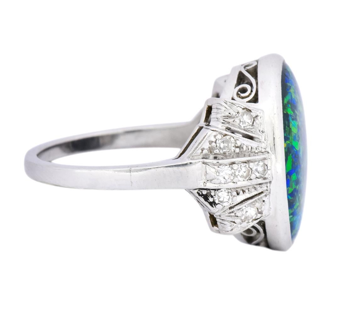 Oval Cut Edwardian Black Opal Diamond Platinum Cocktail Ring