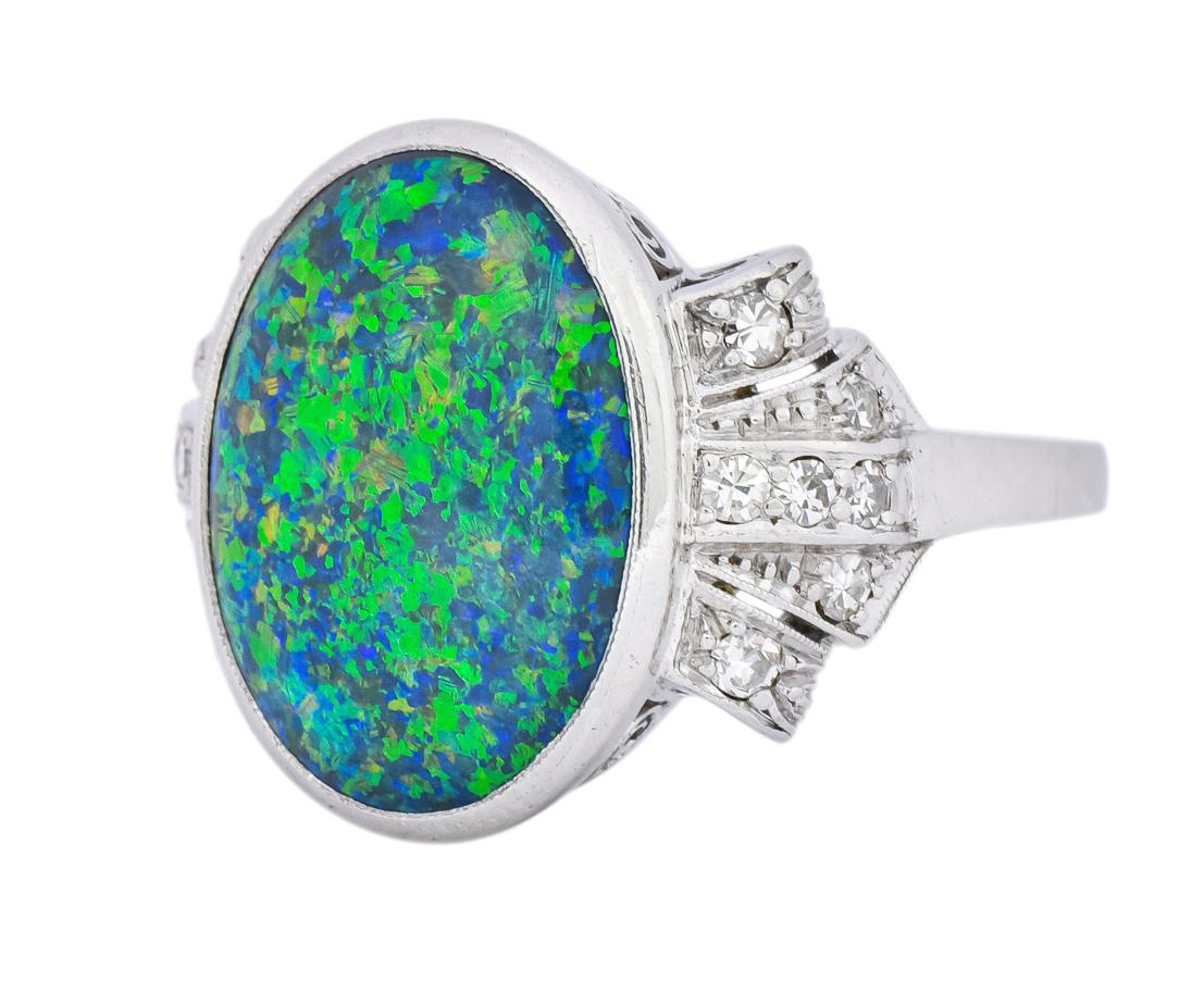 Women's or Men's Edwardian Black Opal Diamond Platinum Cocktail Ring
