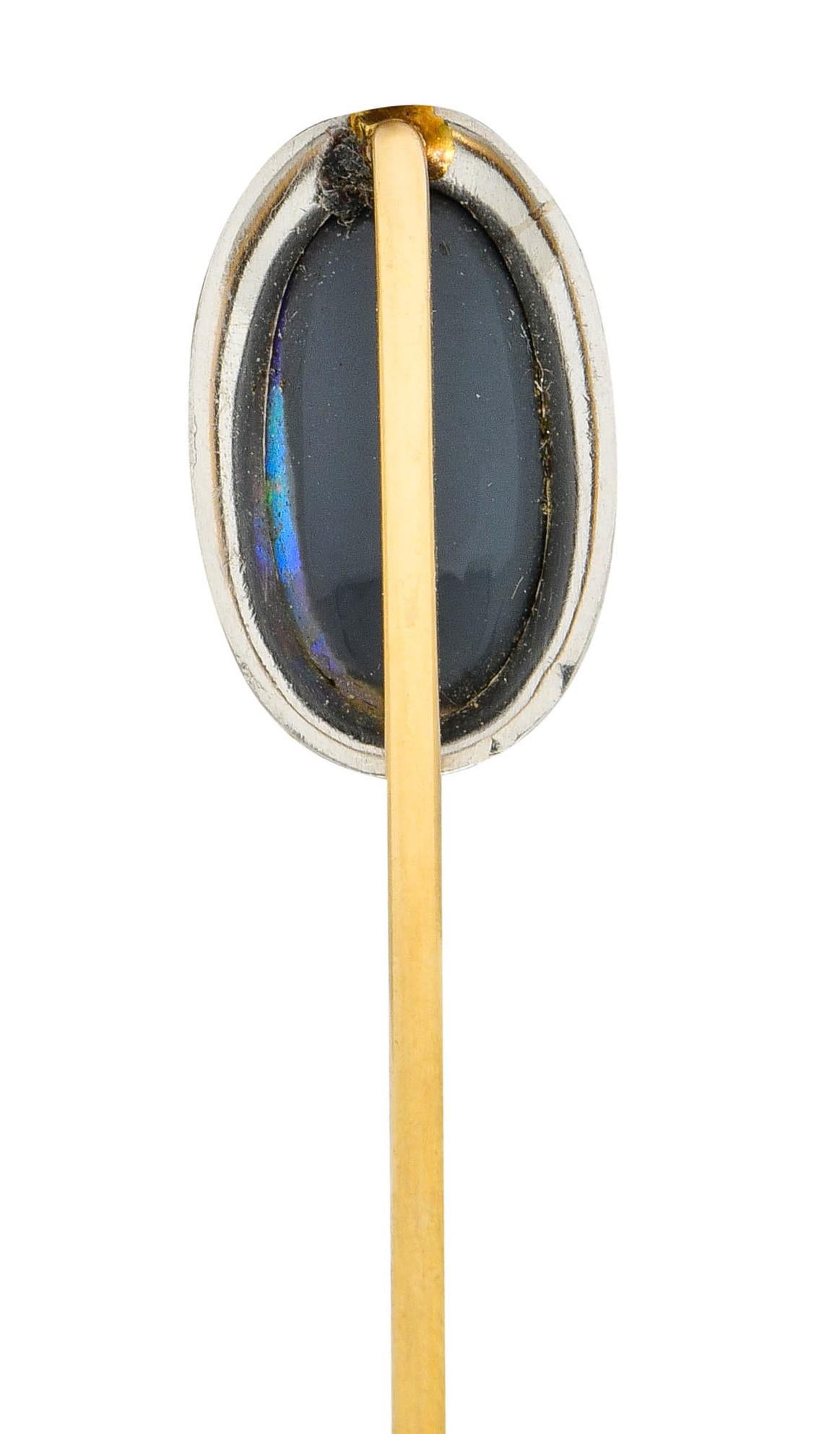 Edwardian Black Opal Platinum 14 Karat Gold Scrolled Stickpin In Excellent Condition In Philadelphia, PA