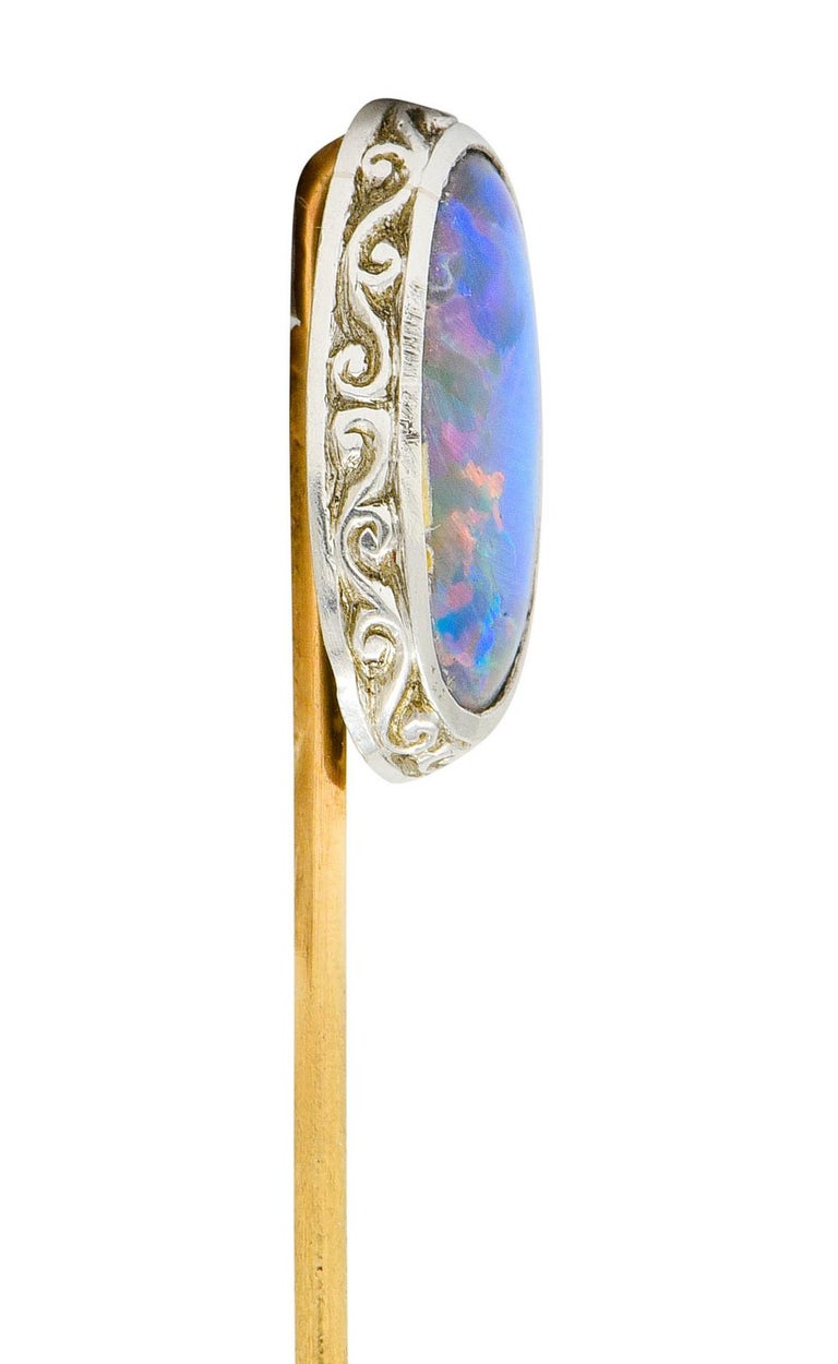 Women's or Men's Edwardian Black Opal Platinum 14 Karat Gold Scrolled Stickpin For Sale