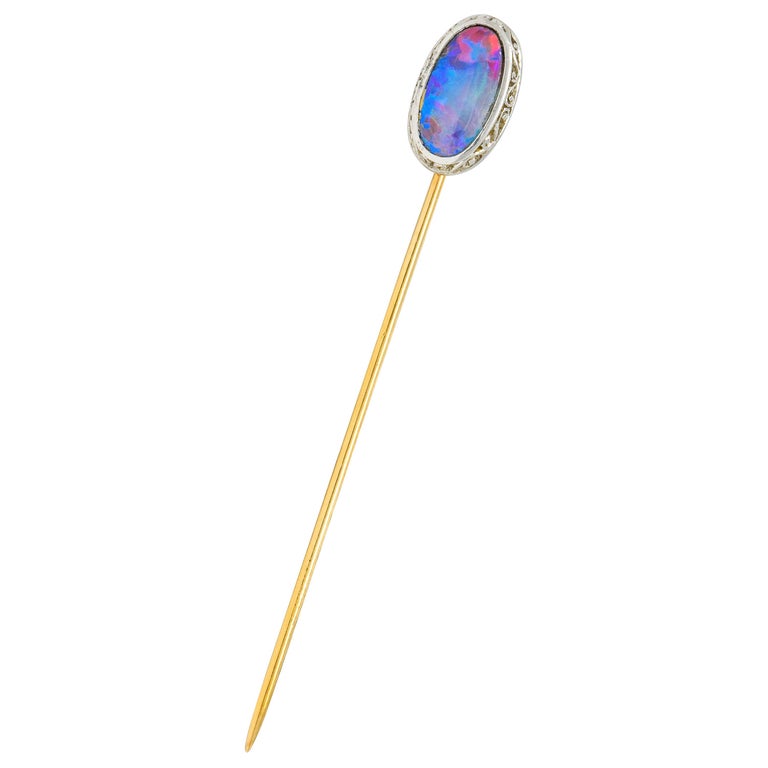 Edwardian Black Opal Platinum 14 Karat Gold Scrolled Stickpin For Sale