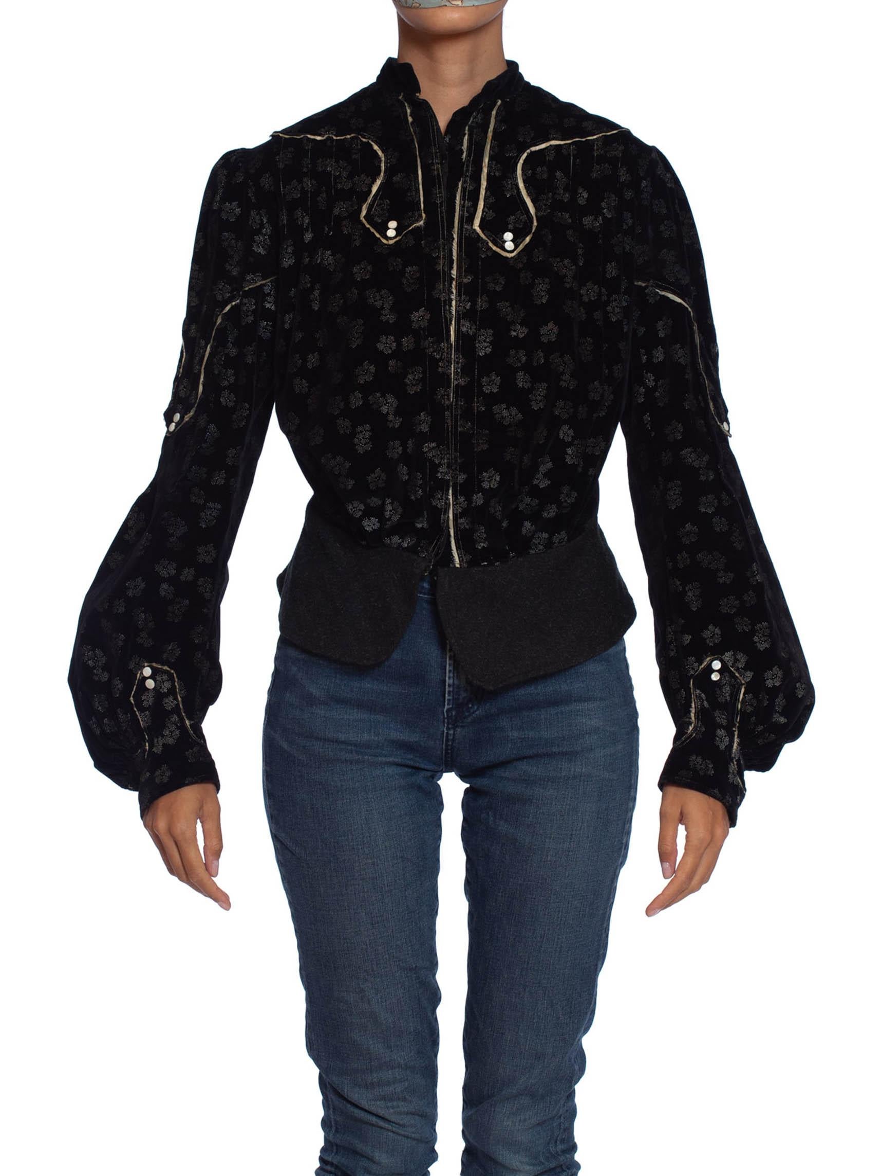 Strong and wearable condition for the age, does show some signs of age around the edges.  Edwardian Black Printed Silk Blend Velvet Jacket Top With Piping 