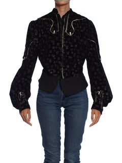 Edwardian Black Printed Silk Blend Velvet Jacket Top With Piping