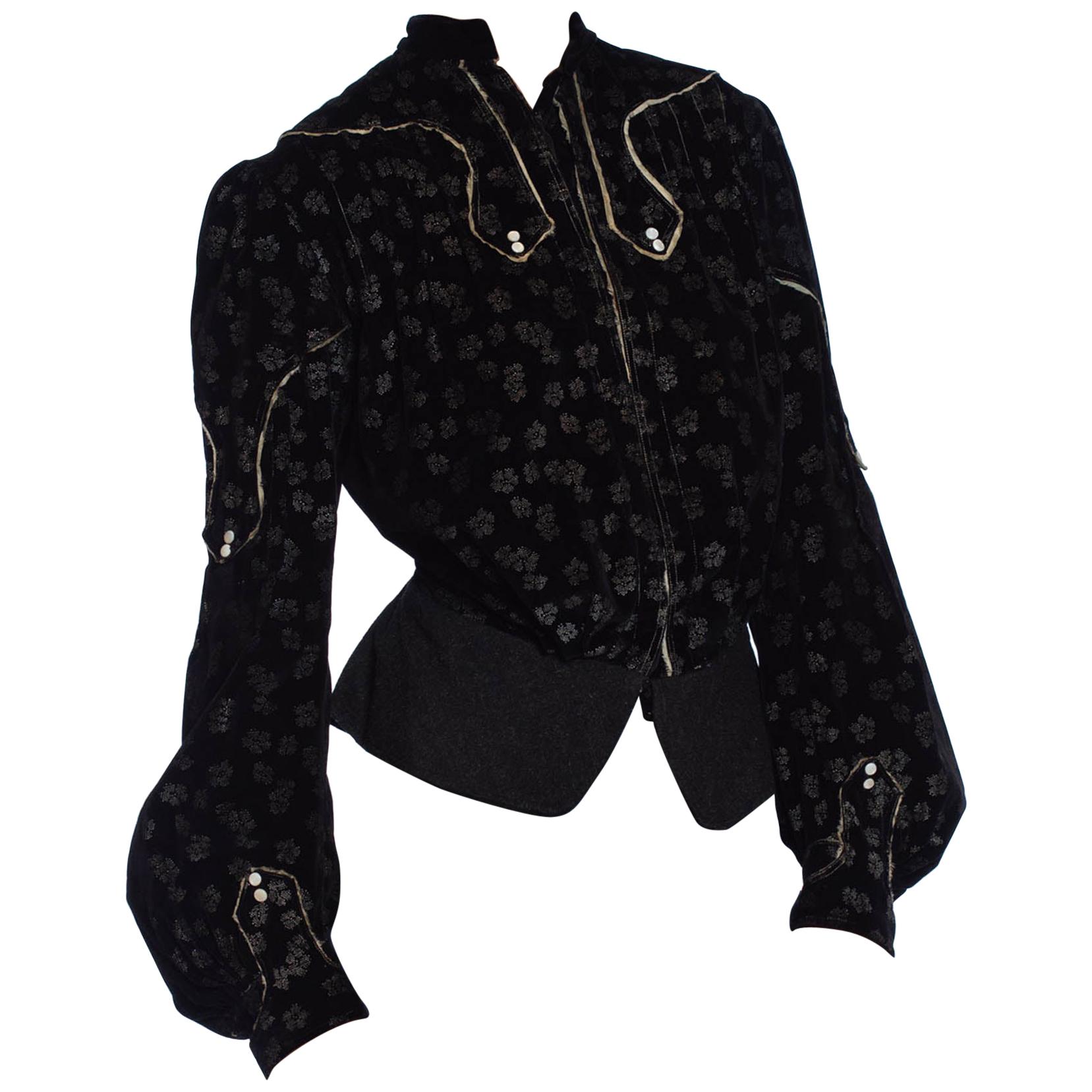 Edwardian Black Printed Silk Blend Velvet Jacket Top With Piping For Sale