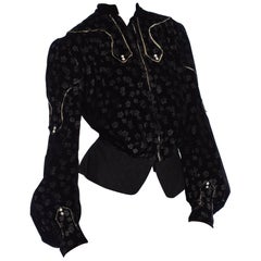 Edwardian Black Printed Silk Blend Velvet Jacket Top With Piping