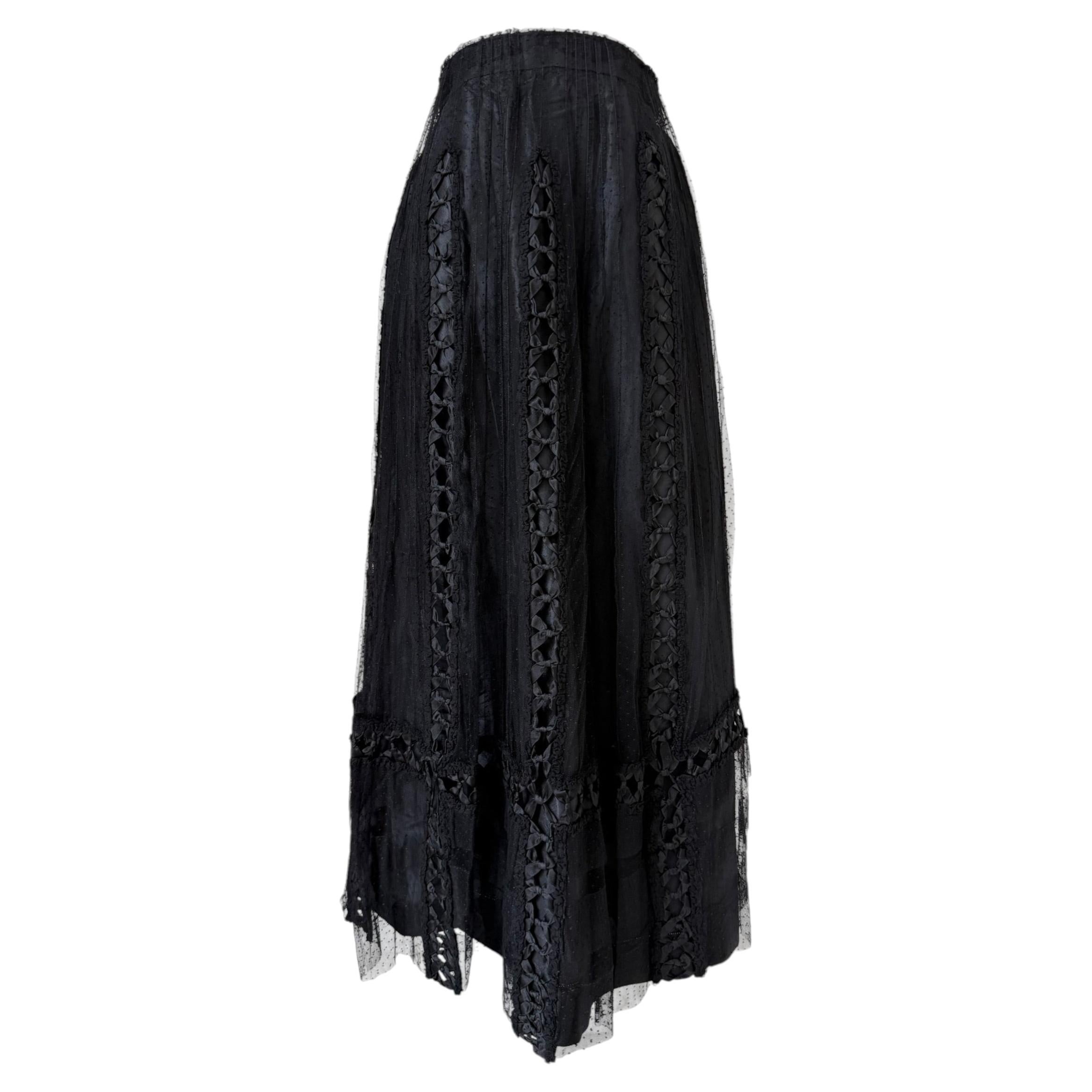 Edwardian Black Satin & Swiss Dot Tulle Skirt with Ribbon Bow Accents