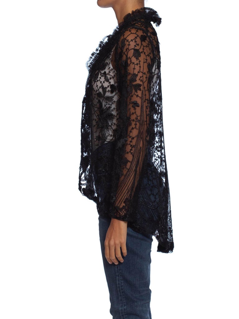 Edwardian Black Silk Embroidered Cotton Net Jacket With Lace Ruffled Collar For Sale at 1stDibs