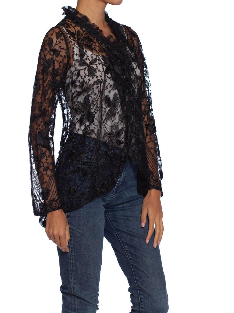 Edwardian Black Silk Embroidered Cotton Net Jacket With Lace Ruffled Collar at 1stDibs cotton