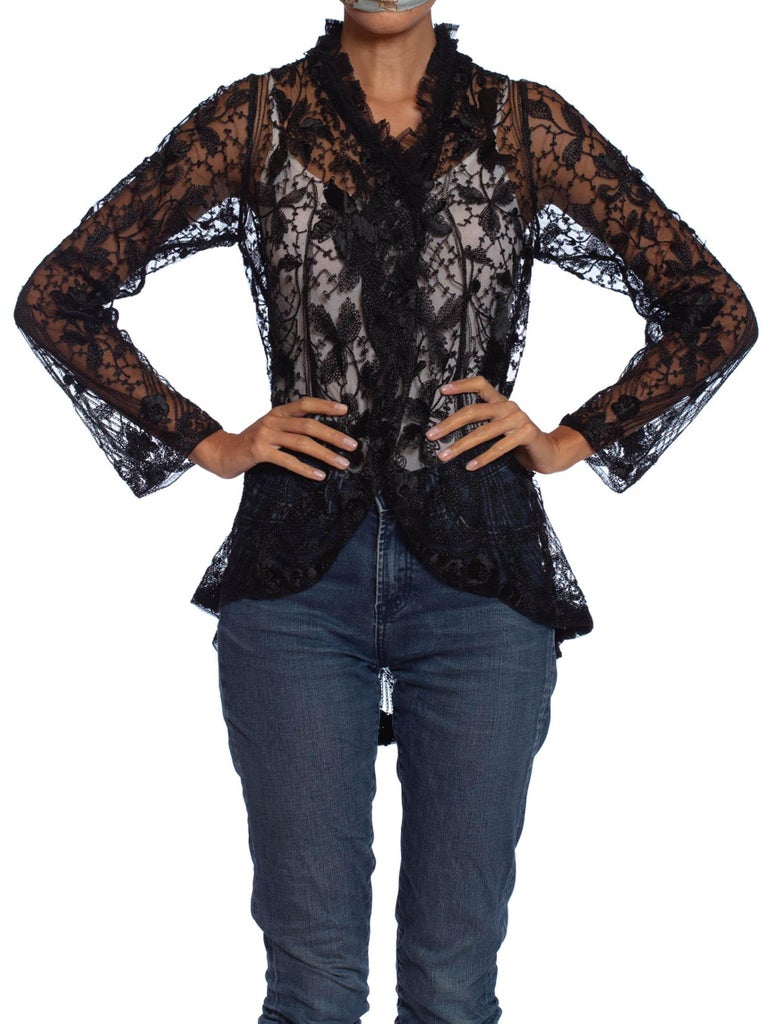 Edwardian Black Silk Embroidered Cotton Net Jacket With Lace Ruffled Collar For Sale at 1stDibs
