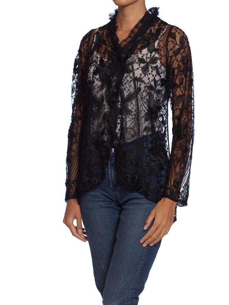 Edwardian Black Silk Embroidered Cotton Net Jacket With Lace Ruffled Collar For Sale at 1stDibs
