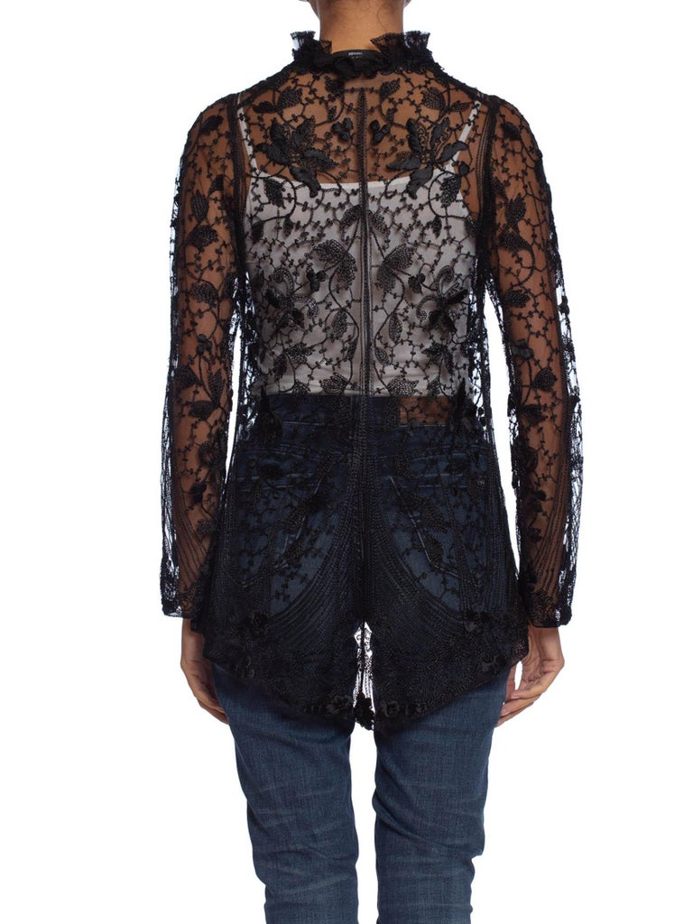 Edwardian Black Silk Embroidered Cotton Net Jacket With Lace Ruffled Collar For Sale at 1stDibs