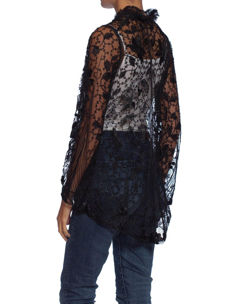 Edwardian Black Silk Embroidered Cotton Net Jacket With Lace Ruffled Collar For Sale at 1stDibs