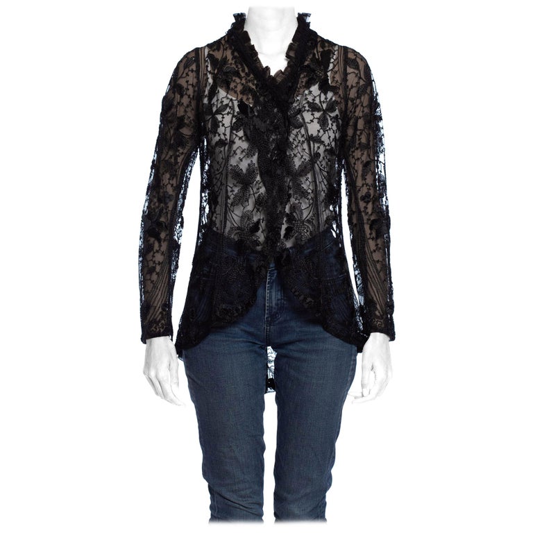 Edwardian Black Silk Embroidered Cotton Net Jacket With Lace Ruffled Collar For Sale at 1stDibs