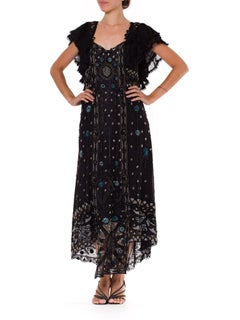 Edwardian Black Silk Net Floral Embroidered & Beaded  Gown With Ruffle Lace Col