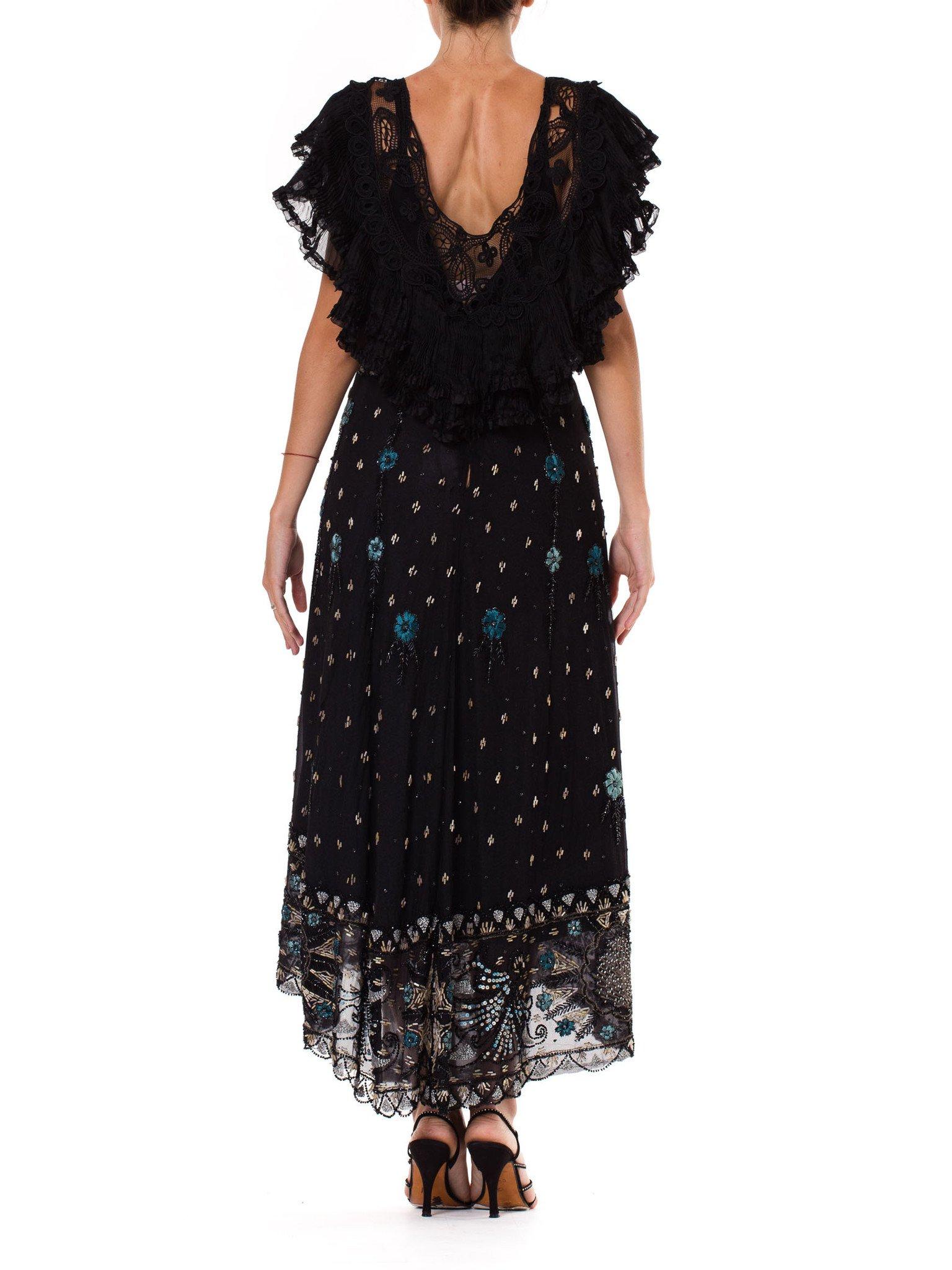 Women's Edwardian Black Silk Net Floral Embroidered & Beaded  Gown With Ruffle Lace Col For Sale
