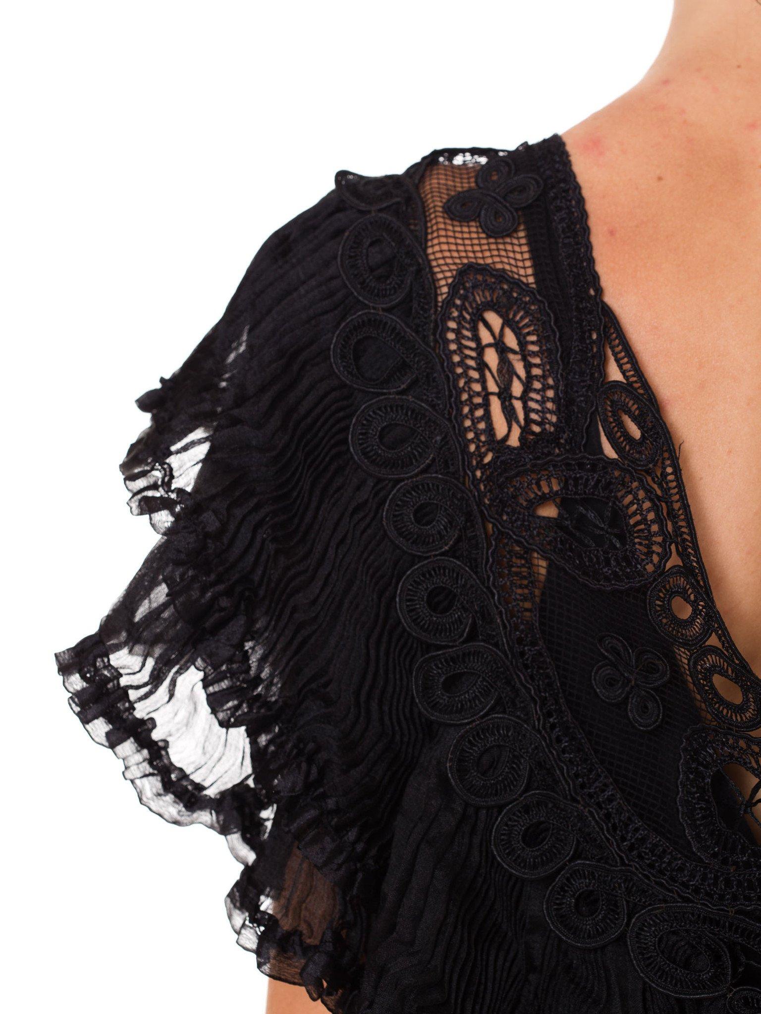 Edwardian Black Silk Net Floral Embroidered & Beaded  Gown With Ruffle Lace Col For Sale 4