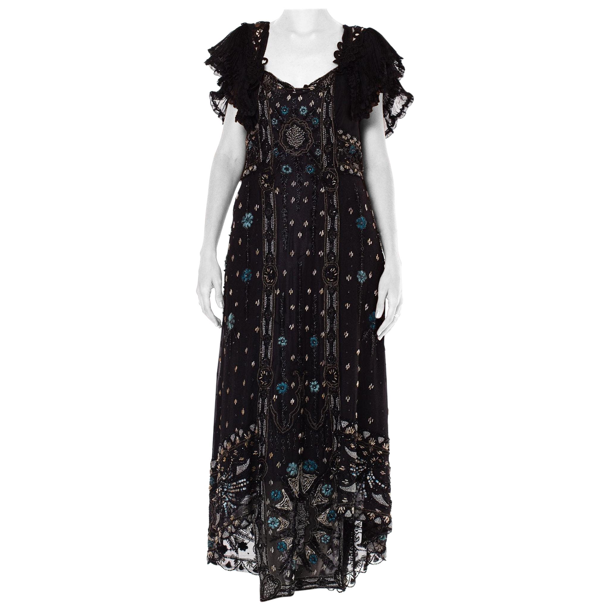 Edwardian Black Silk Net Floral Embroidered & Beaded  Gown With Ruffle Lace Col For Sale